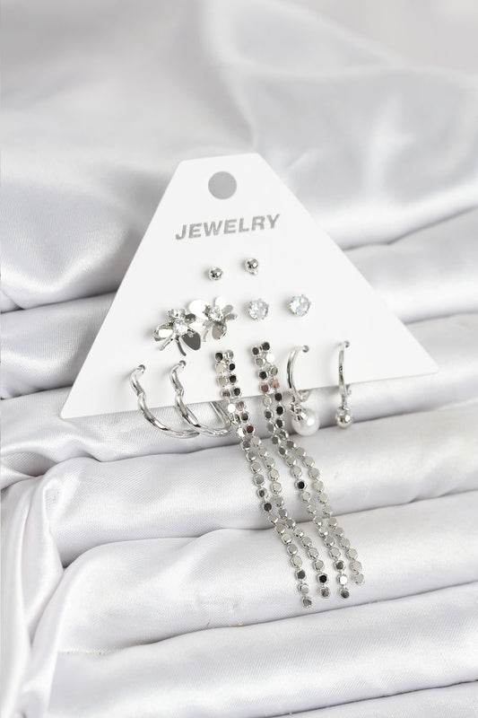 BKP11336 - Pirinç Gümüş Renk 6 Çift Kadın Küpe