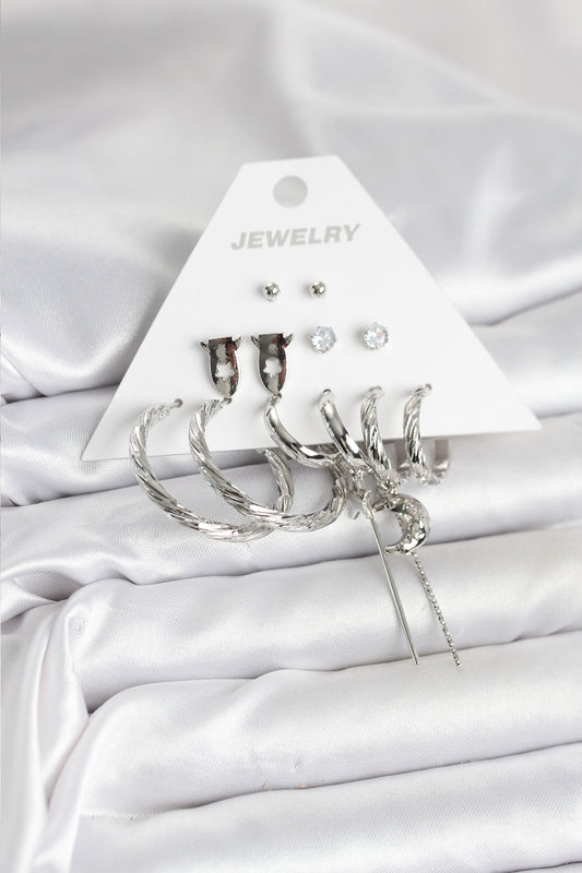 BKP11337 - Gümüş Renk Pirinç 6'lı Kadın Küpe Seti