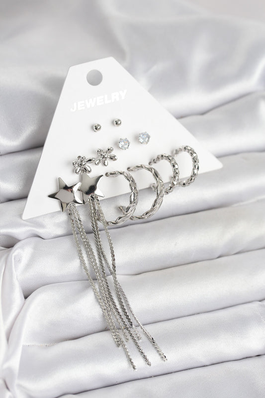 BKP11338 - Gümüş Renk Pirinç 6 Çift Kadın Küpe Seti