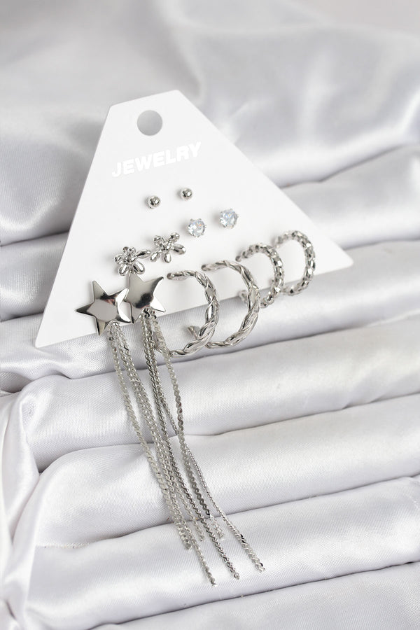 BKP11338 - Gümüş Renk Pirinç 6 Çift Kadın Küpe Seti