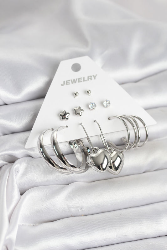 BKP11340 - Pirinç Gümüş Renk 6 Çift Kadın Küpe Seti