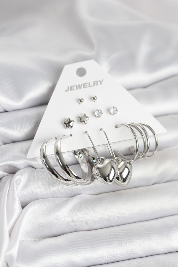 BKP11340 - Pirinç Gümüş Renk 6 Çift Kadın Küpe Seti