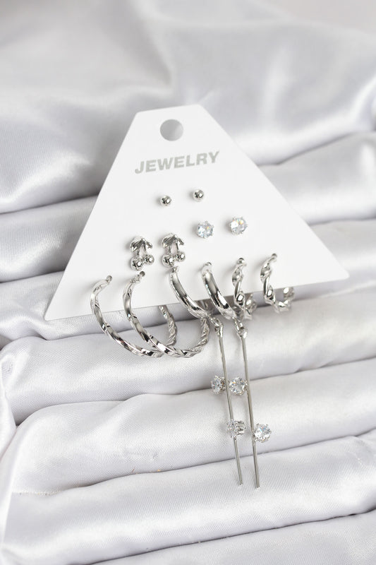 BKP11341 - Gümüş Renk Pirinç 6'lı Kadın Küpe Seti