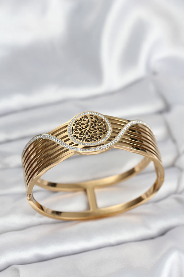 BB8073 - 316L Çelik Gold Renk Yaşam Ağacı Modelli Kadın Kelepçe Bileklik