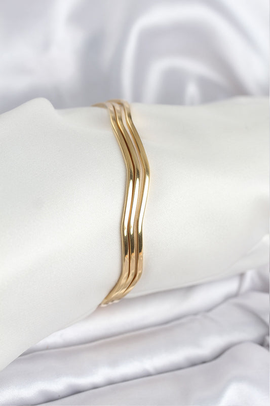 BB8075 - 316L Çelik Gold Renk 65 mm Ajda Zikzak Model 3lü Kadın Bileklik