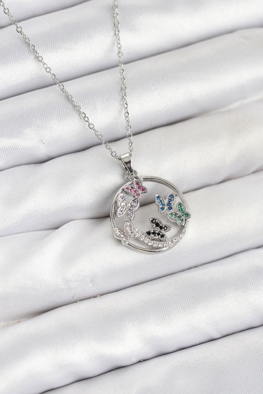 BKO10608 - 316L Çelik Zincir Gümüş Renk Zirkon Taşlı Kelebekli Kadın Kolye