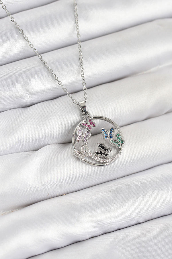 BKO10608 - 316L Çelik Zincir Gümüş Renk Zirkon Taşlı Kelebekli Kadın Kolye