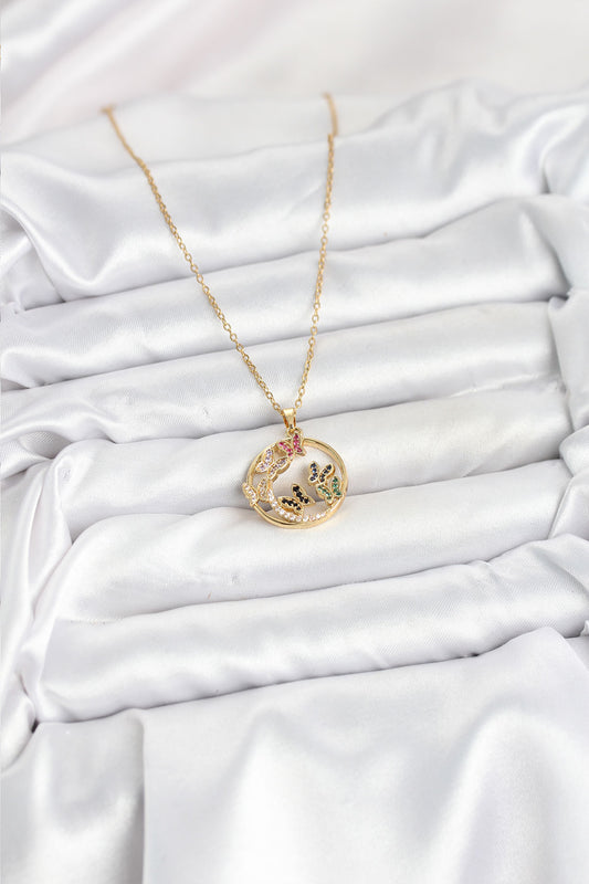 BKO10609 - 316L Çelik Zincir Gold Renk Zirkon Taşlı Kelebekli Kadın Kolye