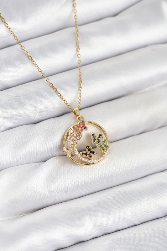 BKO10609 - 316L Çelik Zincir Gold Renk Zirkon Taşlı Kelebekli Kadın Kolye