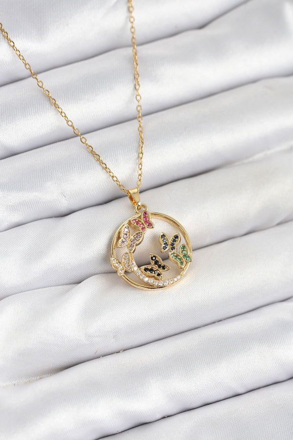 BKO10609 - 316L Çelik Zincir Gold Renk Zirkon Taşlı Kelebekli Kadın Kolye