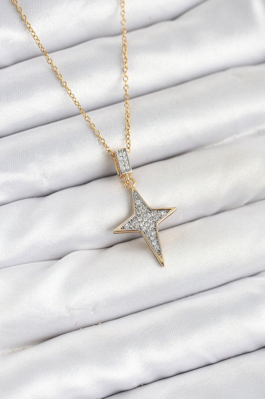 BKO10610 - 316L Çelik Zincir Gold Renk Kutup Yıldızı Model Zirkon Taşlı Kadın Kolye