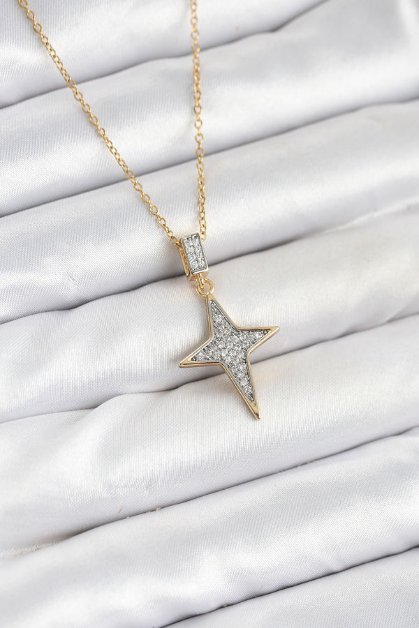 BKO10610 - 316L Çelik Zincir Gold Renk Kutup Yıldızı Model Zirkon Taşlı Kadın Kolye