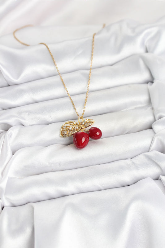 BKO10613 - 316L Çelik Zincir Yapraklı Kiraz Model Gold Renk Kadın Kolye