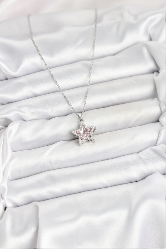 BKO10620 - 316L Çelik Zincir Gümüş Renk Pembe Taşlı Yıldız Model Kadın Kolye