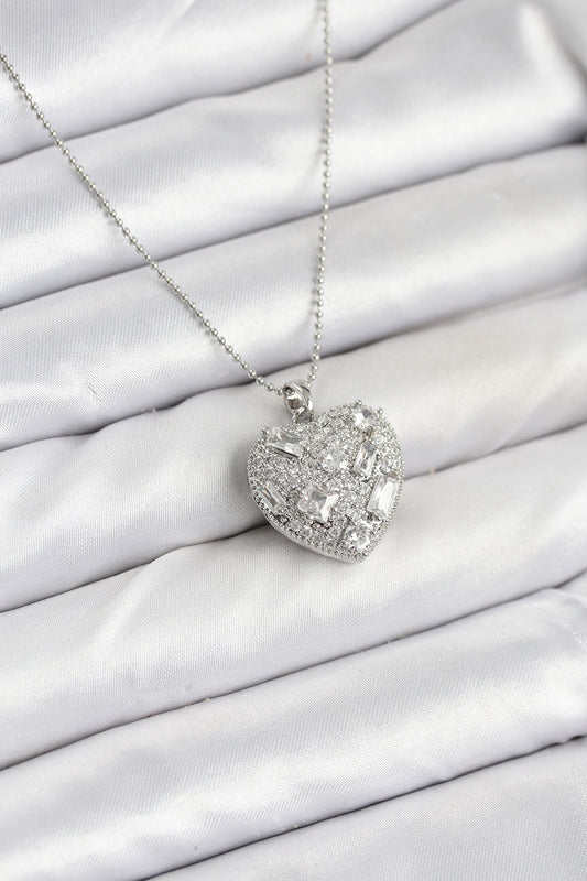 BKO10625 - 316L Çelik Zincir Gümüş Zirkon Taşlı Kalpli Kadın Kolye