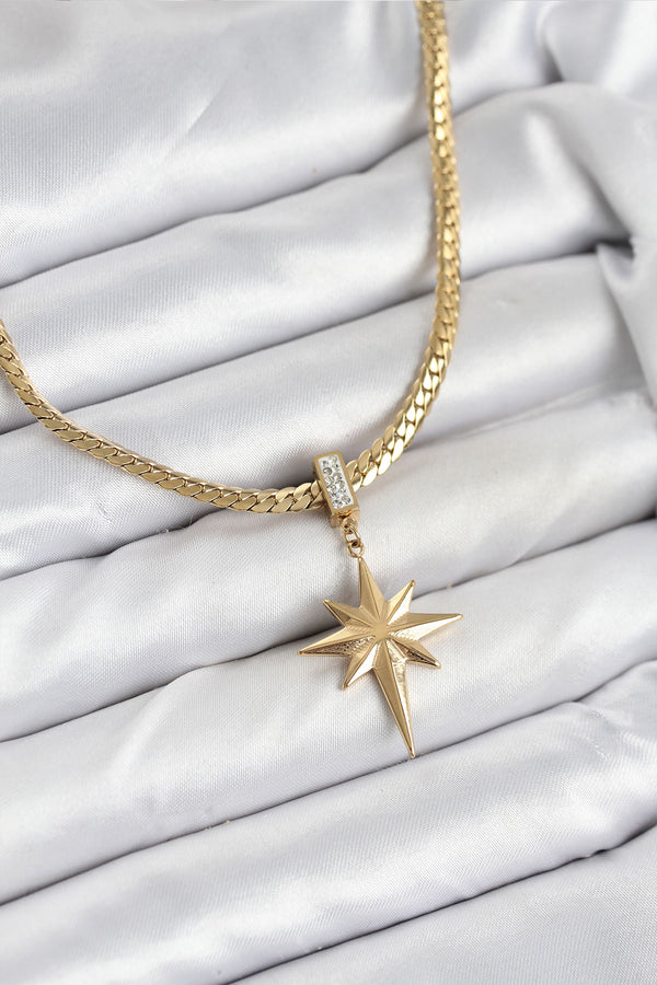 BKO10627 - 316L Çelik Zincir Gold Renk Kutup Yıldızı Model Kadın Kolye