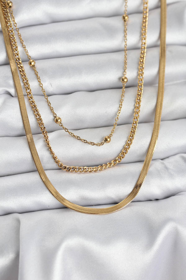 BKO10630 - 316L Çelik Gold Renk 3'lü Kadın Kolye