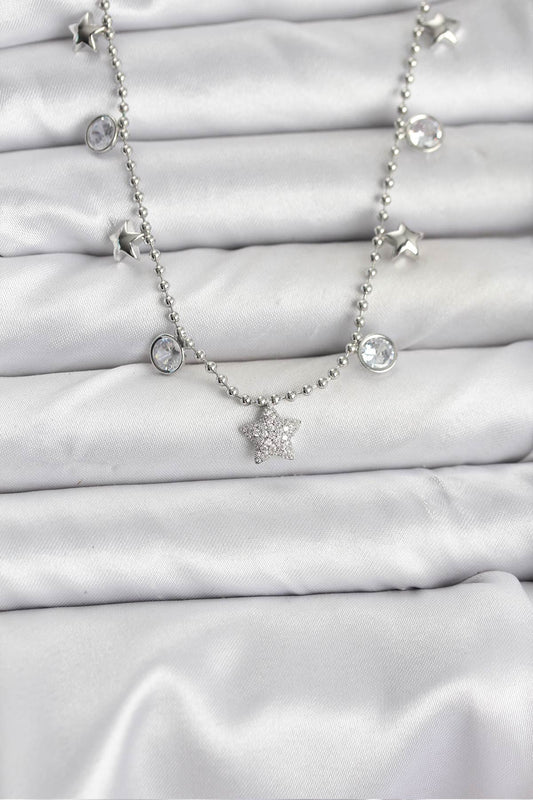 BKO10650 - Pirinç Gümüş Renk Yıldız Model Kadın Kolye