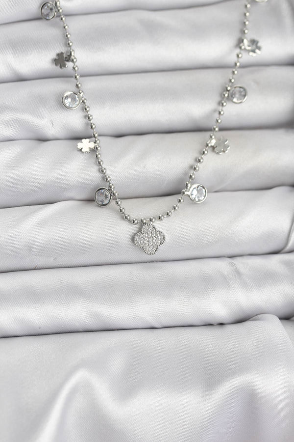 BKO10651 - Pirinç Gümüş Renk Yonca Model Kadın Kolye