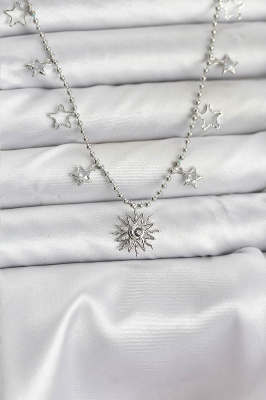 BKO10655 - Pirinç Gümüş Renk Güneş Model Kadın Kolye