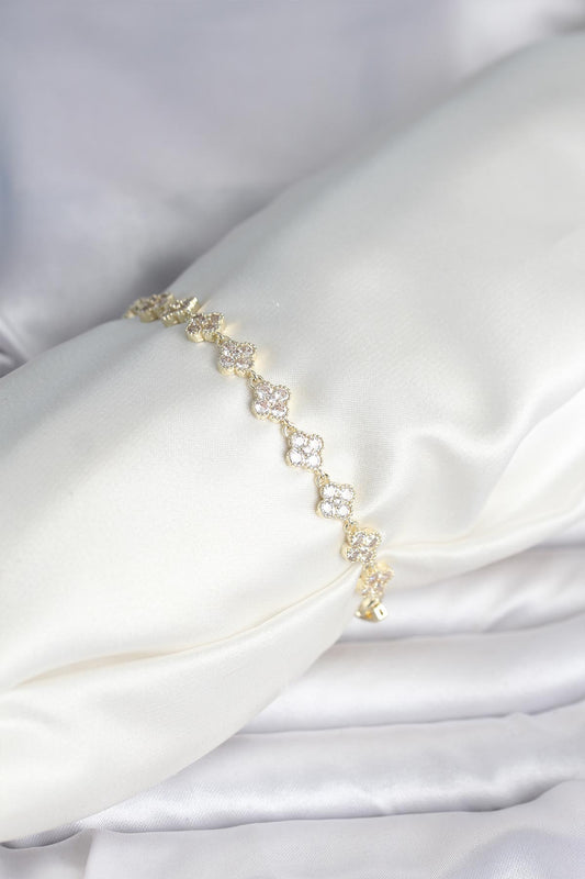 BB8086 - Zirkon Taşlı Pirinç Yonca Model Bileklik