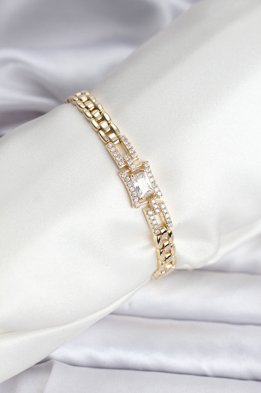 BB8118 - 14K Gold Renk Kaplama Zirkon Kare Taşlı CM Kadın Bileklik
