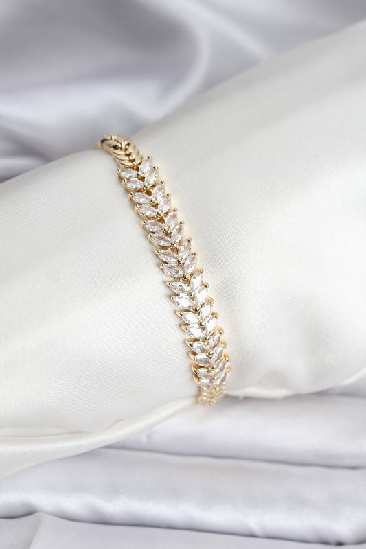 BB8124 - 14K Gold Renk Kaplama Başak Model Zirkon Taşlı CM Kadın Bileklik