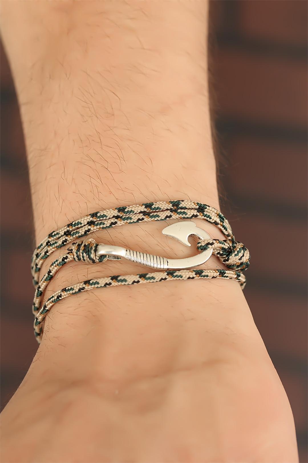 Krem Renk Çizgi Desenli Metal Kancalı Erkek Bileklik - EB2244-KS